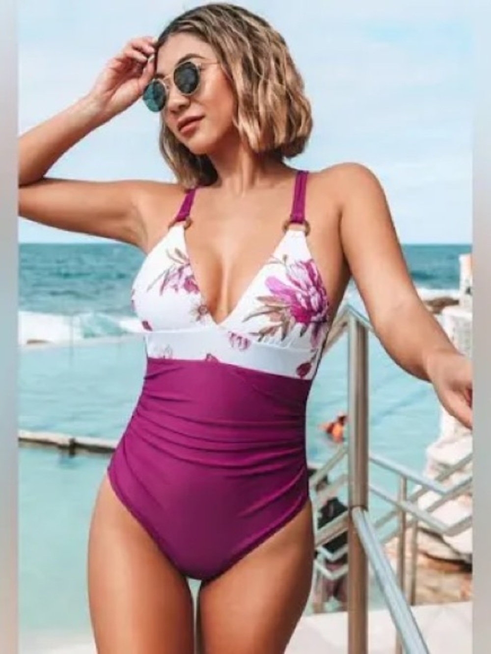 NWOT Cupshe Magenta Floral One Piece Swimsuit Size XS Beach ~ Vacation!